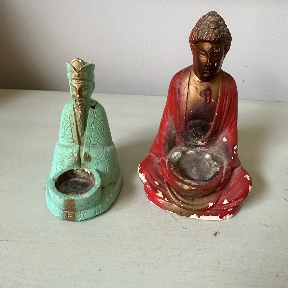 Antique chalkware buddha incense burners orange red and teal set of 2